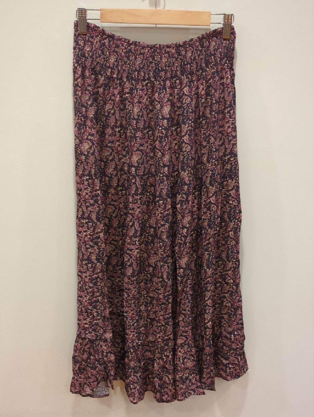 Boho Granola Preppy Cottage Block Print Faherty Purple Navy Maxi Skirt Sz Lg - Picture 9 of 9